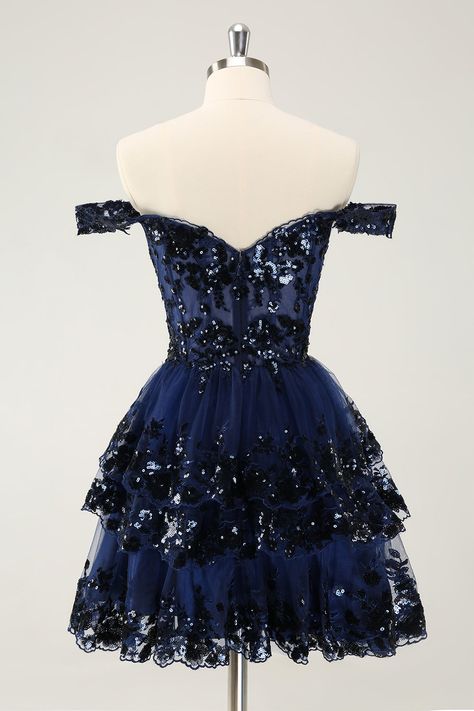 Out Of This World Hoco Dress, Short Dark Blue Dress, Hoco Court, Navy Homecoming Dress, Starry Night Dress, Food Plushies, Midnight Blue Dress, Formal Ideas, Homecoming Dresses Sparkly