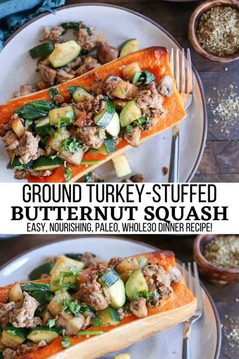 Stuffed Butternut Squash Ground Turkey, Butternut Squash With Ground Turkey, Butternut Squash Turkey Recipes, Turkey Stuffed Butternut Squash, Stuffed Butternut Squash Recipes Meat, Butternut Squash Ground Turkey Recipes, Ground Turkey And Butternut Squash Recipes, Stuffed Butternut Squash Recipes Healthy, Paleo Ground Turkey Recipes