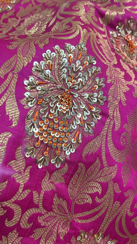 Brocade Embroidery Suits, Embroidery On Brocade Suit, Printed Embroidery Suits, Highlight Embroidery Work, Zardozi Embroidery Designs Work Blouse, Zardosi Butti Work, Dabka Work Embroidery Suits, Zardozi Embroidery Designs, Pink Brocade Blouse