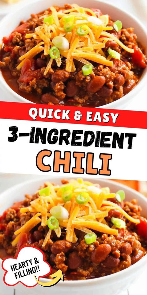 5 Ingredient Chili Recipe, Canned Chili Beans, 5 Ingredient Chili, 3 Ingredient Chili, Quick Chili Recipe, Easy Chili Recipe Crockpot, Chili Recipe Stovetop, Quick Chili, Stovetop Chili