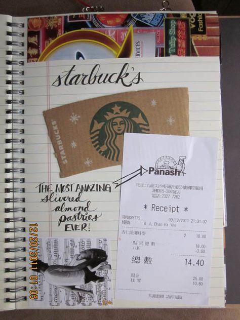 Great way to display those weird little trash snippets that collect during travels and trips Trash Book Ideas, Festival Scrapbook Ideas, Food Scrapbook Ideas, Starbucks Journal, New York Travel Journal Ideas, Journal Trip Planning, Trash Journal, Travel Smash Book, Vacation Junk Journal