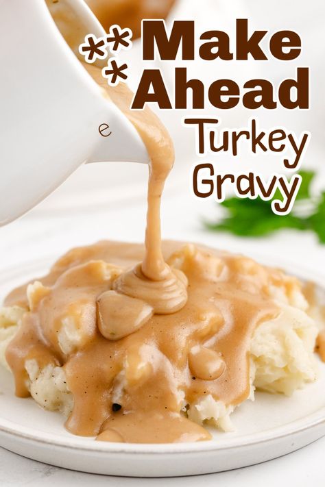 Make holiday prep easier with this Make-Ahead Turkey Gravy – it’s ready a couple of days before, thanks to flavorful turkey wings. via @cmpollak1 Making Thanksgiving Turkey The Day Before, How To Doctor Up Jarred Turkey Gravy, Make Ahead Turkey Gravy With Wings, Brown Turkey Gravy Recipe, Crockpot Turkey And Stuffing, How To Make Turkey Gravy, Turkey Wing Gravy Recipe, Make Ahead Gravy Thanksgiving, Make Ahead Dressing