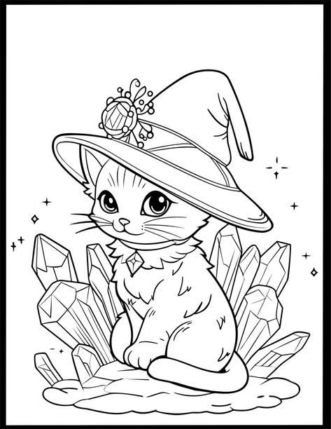 Cute Goth Coloring Pages, Magical Cat Drawing, Witchy Coloring Pages Free Printable, Witch Cat Drawing, Witch Coloring Pages For Adults, Witchy Coloring Pages, Magical Coloring Pages, Colouring In Pages, Halloween Coloring Pictures