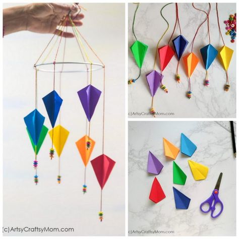 Rainbow Kite Mobile Sankranti Craft, Kite Crafts, Kites Preschool, Kite Craft, Tilda Sewing, Kite Decoration, Bedrooms Aesthetic, Paper Kite, Diy Kite