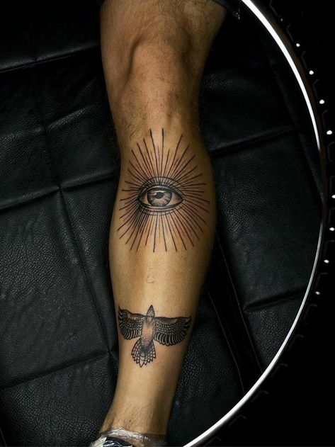 Men Shin Tattoo Ideas, Shin Tattoo Men Ideas, Eye Tattoo On Leg, Eye Leg Tattoo, Habit Tattoo, Mens Shin Tattoo, Eyes Tattoo Men, Eye Tattoo Leg, Eye Tattoo Ideas For Men