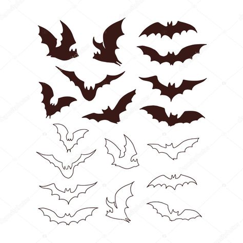 Nocturnal bat silhouette in various poses fly illustration set isolated on white. Line art style flittermouse figures print collection for Halloween or tee shirt design. Fly Illustration, Bat Outline, Illustrated Characters, Creepy Animals, Halloween Creatures, Bat Silhouette, Line Art Style, Boho Halloween, White Line Art