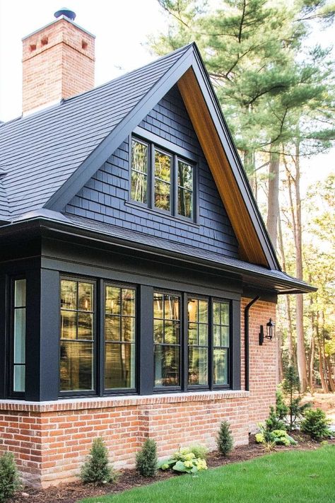 Red Brick And Siding Exterior, Brick And Batten Exterior, Brick And Siding Exterior Combinations, Half Brick Half Siding Exterior, Brick And Siding Exterior, Black Railing, Shake Shingle, Siding Ideas, Shingle Siding