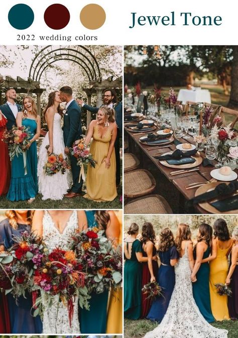 Multi Color Fall Wedding, Jewel Tone Sunflower Wedding, Moody Rainbow Wedding, Gem Stone Wedding Colors, Mismatched Jewel Tone Bridesmaid Dresses, Jewel Tone Bridesmaid Dresses Summer, Gem Colored Wedding, Fall Wedding Jewel Tones, Jewel Tone Groomsmen Attire