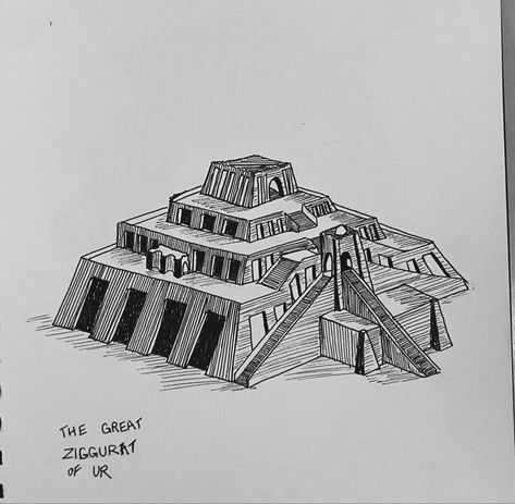 Mesopotamia Architecture Sketches, Ziggurat Sketch, Ancient Egypt Architecture Drawing, Ishtar Gate Drawing, Mesopotamia Art Drawing, Mesopotamia Drawing, Ziggurat Of Ur Drawing, Ziggurat Drawing, Mesopotamia Architecture