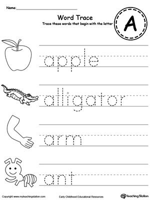 Trace Words That Begin With Letter Sound: A Words With Letter A, A Sound Words Worksheet, Trace The Alphabet, Shape Worksheets For Preschool, Letter Worksheets For Preschool, Alphabet Worksheets Kindergarten, Kindergarten Reading Worksheets, Alphabet Words, Learn The Alphabet