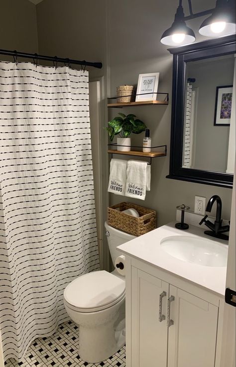 Eucalyptus Theme Bathroom, Wallpaper In Guest Bathroom, Bathroom Decor Black And White Tile, Small Guest Bathroom Ideas Farmhouse, Apartment Bathroom Decor Ideas Vintage, Apartment Bathroom Decor Ideas Boho, Small Bathroom Theme Ideas, Small Restroom Decor Ideas, Small Bathroom Ideas No Window