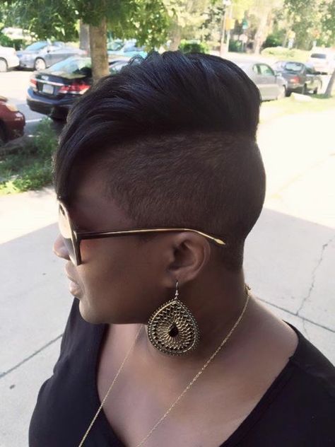 Natural hair  Stylist Marketia  Le'Loft LLC hair salon Philadelphia pa Mohawk Shaved Sides Female Black, Wide Mohawk Women, Womans Fauxhawk Short, Lesbian Faux Hawk, Girl With Black Mohawk, Natural Tapered Cut, Curly Mohawk Hairstyles, Shaved Designs, Black Hair Short Cuts