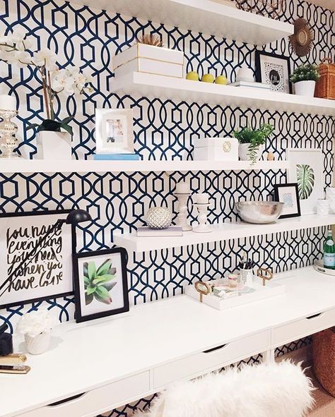 Blue and white geometric wallpaper and white IKEA Lack shelving create a bright office work and craft space Colorful Workspace, Ikea Shelves, Bold Wallpaper, Declutter Your Home, Wallpaper Wall, Blue Decor, Spring Home, White Decor, White Wallpaper