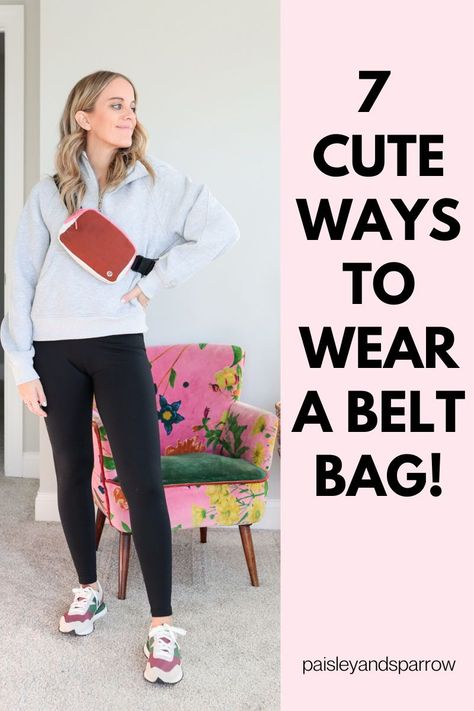 Here are 7 great outfit ideas for wearing a belt bag! Tips for styling the lululemon belt bag How To Wear A Cross Body Bag, How To Wear Lululemon Belt Bag, How To Wear A Sling Bag, How To Wear Crossbody Bag, Style Lululemon Belt Bag, How To Wear A Belt Bag, Outfit With Belt Bag, Lululemon Crossbody Bag Outfit, Lululemon Bag Outfit