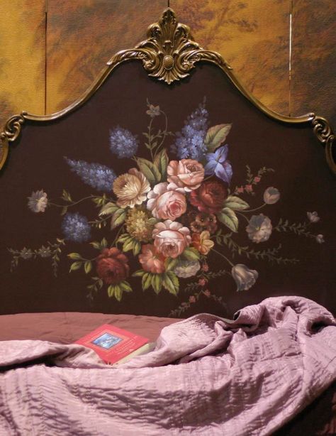 A bit ornate, but with solid colored bed clothes it wouldn’t be too much Cottage Headboard, Ornate Headboard, Pretty Headboard, Bed Clothes, Euro Trash, Painted Mural, Cotswold Cottage, Victorian Trading Company, Painted Beds