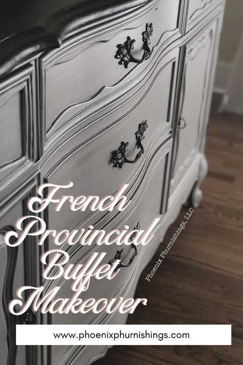 Visit our blog for an unreal transformation and step by step tutorial for this total makeover! From soon to be landfill to absolutely WOW this French Provincial Buffet's transformation is nothing short of amazing! Tackle your own furniture makeover DIY projects with confidence with our blog's tips and tricks! French Provincial Dresser Makeover Ideas, French Provincial Office, French Provincial Kitchen Cabinets, French Provincial Buffet Makeover, Antique Buffet Makeover, French Provincial Makeover, French Provincial Hutch, Painted French Provincial Furniture, Painted French Provincial Dresser