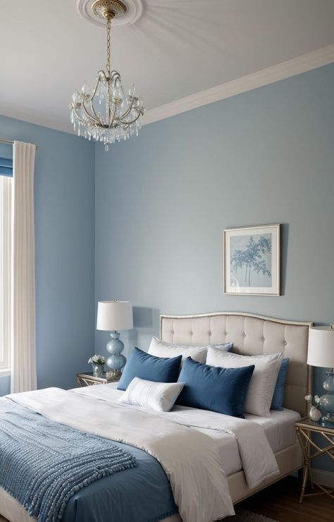 Create a calming blue aesthetic in your bedroom with a statement blue accent wall and complement it with matching blue bedding and curtains. Add a touch of glamour with a crystal chandelier and incorporate natural elements like a bamboo plant for a serene atmosphere. Light Blue Bedroom Ideas, Black Leather Headboard, Black Bedroom Aesthetic, Blue And Cream Bedroom, Bedroom Aesthetic Ideas, Blue Accent Wall, Blue And Pink Bedroom, Black Pendant Lights, Light Blue Bedroom