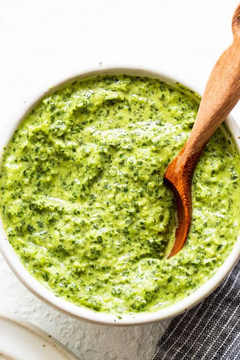 Green Sauce For Steak, Green Steak Sauce, Creamy Parsley Sauce, Mediterranean Green Sauce, Green Herb Sauce, Vegetable Based Sauces, Make Ahead Sauces, Parsley Sauce For Steak, Herb Dipping Sauce