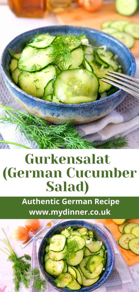 Gurkensalat-Traditional German Cucumber Salad - My Dinner German Radish Salad, Austrian Cucumber Salad, German Cucumber Salad Vinegar, Russian Cucumber Salad, Irish Salad, German Lunch, German Cusine, Cucumber Vinegar, German Salads