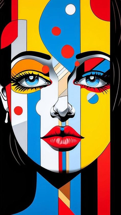 Pop Art Illustration Modern, Abstract Pop Art Painting, Abstract Self Portrait Ideas, Pop Art Drawings Ideas, Hard Painting Ideas, Modern Pop Art Painting, Facial Portrait, Facial Art, Images Pop Art