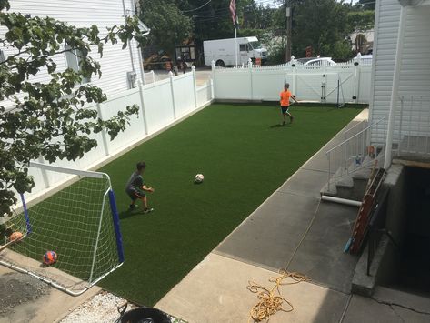 Small Soccer Field Backyard, Backyard Soccer Field Ideas, Mini Soccer Field Backyard, Backyard Soccer Field, Soccer Backyard, Volleyball Court Backyard, Turf Yard, Backyard Soccer, Indoor Soccer Field