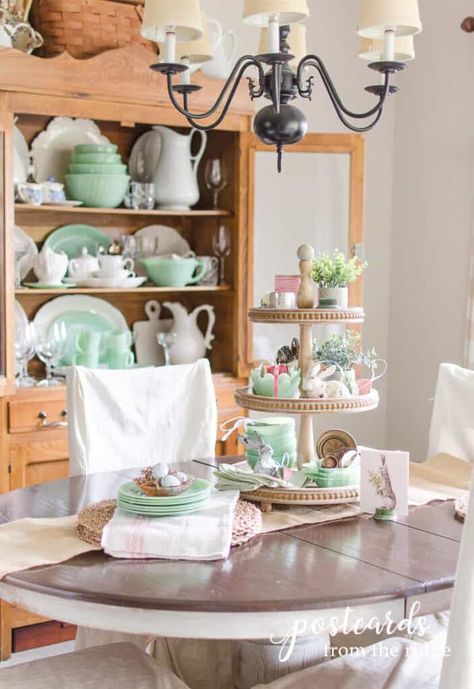 Spring Centerpiece with Tiered Tray and Vintage Jadeite - Postcards from the Ridge Jadeite And Milk Glass Display, Jadeite Tablescape, Milk Glass Display, Natural Placemats, Vintage Jadeite, Fall Tray, Cozy Cottagecore, Hutch Makeover, Spring Table Decor