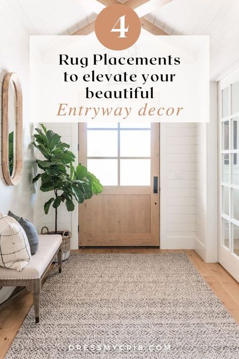 Wondering what Entry rug Size to Pick for Your Entryway? We have made a Rug Size Guide that breaks it down for you! Find the Rug Size and Placement that fits your entryway the best! Whether you have narrow entryway ideas or a large entryway decor, we have prepared a blog to help you understand how to place a entry rug to maximize the functionality, comfort and style. For more rug size and placement tips & tricks read our blog! Large Rug Entryway, Foyer With Rug, Entryway Round Rug, Rug Entryway Ideas, Entryway Carpet Ideas, Front Entryway Rug Ideas, Large Entryway Rug, Front Entrance Rug, Mudroom Rug Ideas