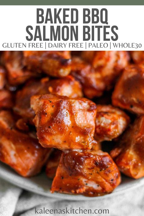 These baked BBQ salmon bites are incredibly easy and only require two ingredients. They are perfect for a quick dinner or an appetizer for a fun together with family and friends. Baked Bbq Salmon, Baked Salmon Bites, Bbq Salmon, Salmon Bites, Gluten Free Recipes Easy, Recipe Boards, Korean Bbq, Baked Salmon, Quick Dinner