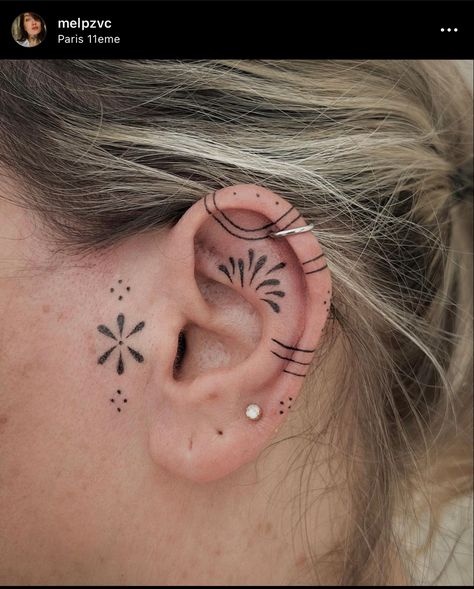 Delicate Ear Tattoos For Women, Matching Ear Tattoos, Griffon Tattoo, Chest Neck Tattoo, Inner Ear Tattoo, Pagan Tattoo, Tiki Tattoo, Tattoo Salon, Beauty Marks