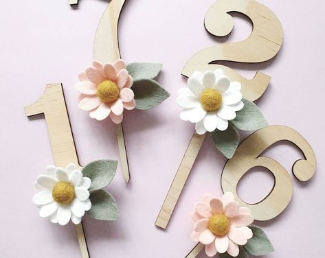 Felt Daisy, 1st Birthday Onesie, Felt Cake, Daisy Cakes, Daisy Party, Flower Cake Toppers, Number Cake Toppers, Unique Cake Toppers, Laser Cut Mdf