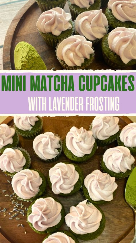 mini matcha cupcakes with lavender frosting recipe Lavender Buttercream Frosting, Matcha Scones, Lavender Frosting, Lavender Buttercream, Matcha Dessert Recipes, Matcha Cupcakes, Lavender Cupcakes, Mini Cupcake Pan, Purple Food Coloring