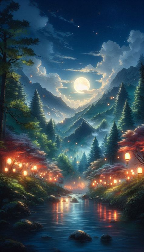 Moonlit Whispers of the Enchanted Forest | #AnimeNatureWallpapers #JapaneseFantasy #GlowingLanterns #ForestDreams #4KAnimeBackgrounds Clip Art Frames Borders, The Enchanted Forest, Art Frames, Wallpaper Art, Phone Design, Enchanted Forest, Art Wallpaper, Enchanted, Cute Wallpapers