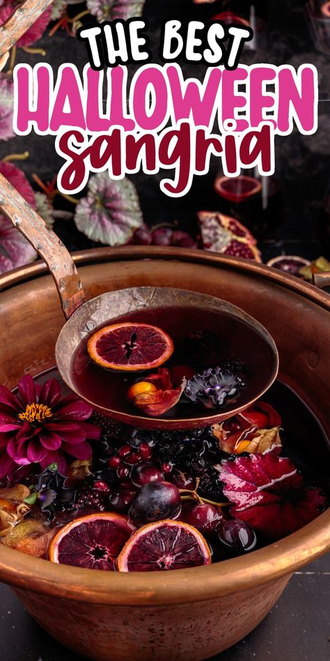 This delicious Halloween sangria is full of fall flavors, great for an adult Halloween party, and all of the flowers and herbs are a fun addition to make the wine punch extra special and spooky. Halloween Sangria Punch, Alcoholic Fall Punch, Spooky Sangria, Halloween Sangria, Tequila Sangria, Champagne Sangria, Sangria Punch, Wine Punch, White Sangria Recipe