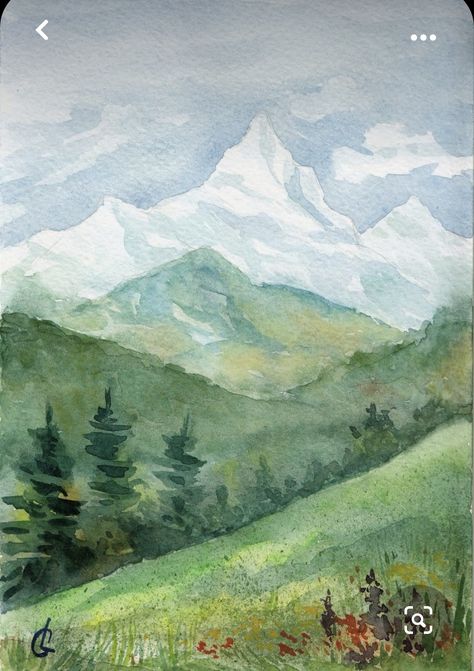 Watercolor Art Mountains Landscapes, Mountain Paintings Watercolor, Mountain Drawing Landscapes, Watercolour Art Ideas Landscape, Water Coloring Ideas Landscape, Mountain Drawing With Color, Landscape Water Painting, Mountain Drawing Watercolor, Mountain Watercolour Painting