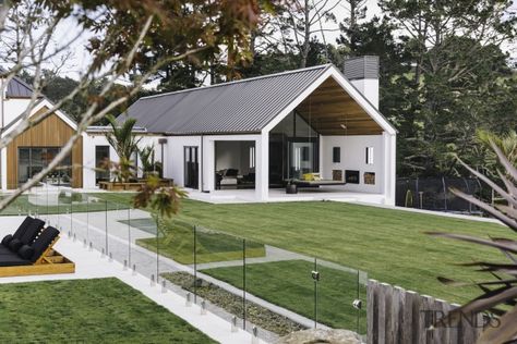 White plaster is contrasted with Western red cedar backyard, cottage, facade, farmhouse, home, house, property, real estate, siding, yard Home Designs Exterior, Gable House, Modern Barn House, Shed Homes, Barn Style House, House Architecture, Modern Barn, Barn House, House Designs Exterior