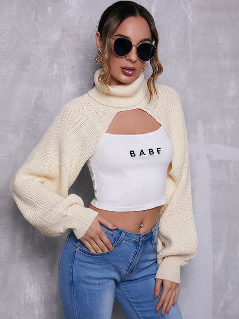 Turtle Neck Lantern Sleeve Super Crop Sweater | SHEIN USA Super Cropped Sweater Outfit, Sweater Crop Top Outfit, Outfit Ideas Turtleneck, Turtle Neck Sweater Outfit, Super Crop Sweater, Neck Sweater Outfit, Brown Cardigan Outfit, Cropped Sweater Outfit, Super Cropped Sweater