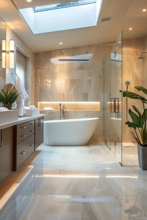 Luxury Marble Bathroom: Elegance & Functionality Combined! Luxury Modern Master Bath, Self Standing Bathtub, Luxury Bathroom With Bathtub, Bathroom With Bathtub Ideas, Modern Bathroom Bathtub, Master Bath Private Toilet, Modern Bathroom With Bathtub, Almond Toilet And Tub Bathroom Ideas, Master Ensuite Bathroom Luxury