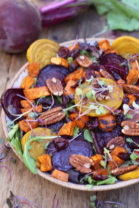 Roasted Root Vegetable Salad Recipe.Roast the veggies in advance and serve it room temperature the next day, or enjoy this dish right out of the oven for a seasonal meal that will make you feel rooted and grounded with every bite! #rootvegetables #salad #roastedvegetables #healthysalad #elisemuseles The Roasted Root Recipes, Roasted Root Salad, Root Vegetable Salad Recipes, Root Veggie Salad, Root Vegetable Recipes Soup, Roasted Vegetable Salad Recipes, Root Salad Recipes, Holiday Lemonade, Roasted Vegetables Salad