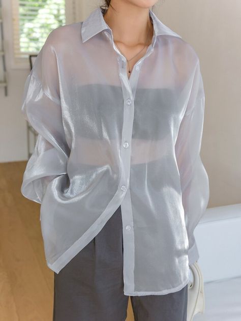 Organza Shirt Outfit, Transparent Shirt Outfit, Sheer Blouse Outfit, Sheer Shirt Outfits, Shirt Without Collar, Skirt Styling, Full Sleeve Tshirt, Organza Shirt, Gowns Dresses Elegant