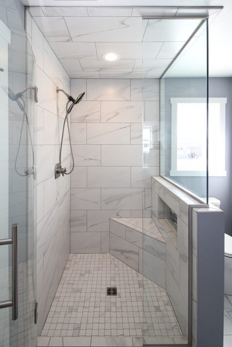 Matte Gray and White Tiled Shower with Custom Glass Shower Door Custom Tile Shower, French Country House Plans, Master Bath Remodel, Bathroom Shower Tile, Bathroom Remodel Shower, Glass Shower Doors, Shower Remodel, Bathroom Renos, Bathroom Tile