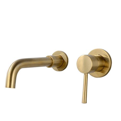 This wall-mount sink faucet is in brushed finish, it features a simple, minimalist look that brings contemporary appeal and style. The wall mounted design help to save space. Brushed Brass Bathroom, Brass Bathroom Sink, Small Bathroom Remodel Designs, Wall Faucet, Wall Mount Faucet Bathroom, Wall Mount Sink, Bathroom Sink Taps, Wall Mounted Sink, Brass Sink