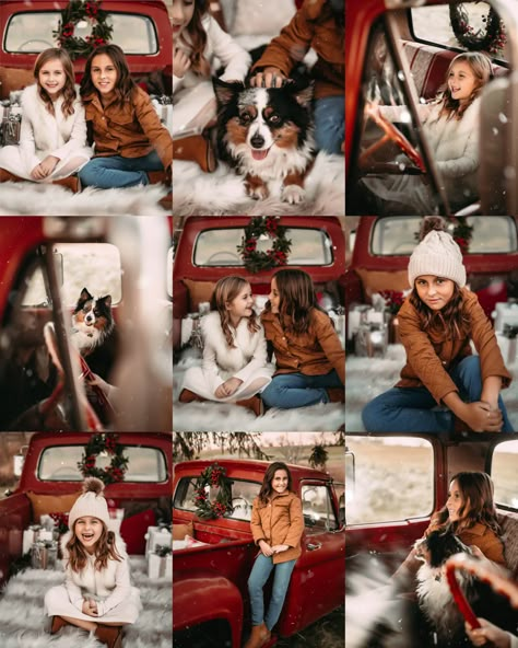 Christmas Truck Pictures Family Pics, Red Truck Mini Session, Christmas Truck Family Pictures, Family Christmas Truck Pictures, Christmas Truck Poses, Truck Poses Photo Ideas, Christmas Truck Photoshoot Family, Red Truck Christmas Pictures Outfits, Red Truck Photoshoot