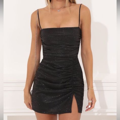 Lucy in the Sky Norma Glitter Ruched Bodycon Dress in Black Black Hoco Dresses, Hoco Dress Inspo, Hoco Inspo, Hoco Ideas, Semi Dresses, Cute Formal Dresses, Black Sparkly Dress, Hoco Dresses Tight, Dresses Short Tight