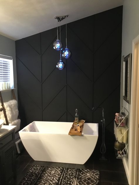 Black Wall Paneling Bathroom, Textured Walls Black, Diy Black Accent Wall Bedroom, Black Herringbone Accent Wall, Black Walls House, Black Shiplap Bathroom Accent Wall, Black Painted Walls Bathroom, Black Accent Wall Farmhouse, Modern Accent Wall Bathroom