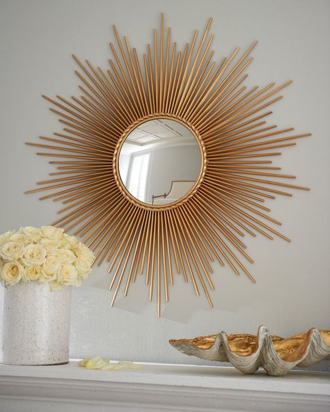 GOLD INSPIRATIONS | This decorative mirror design, conceived by Neinman Marcus, the sunray mirror sits at the top of our favouite sunburst design list. | www.bocadolobo.com #design #mirror Spiegel Diy, Kampar, Rustic Decorating, Sun Mirror, Sunburst Mirror, Global Views, Diy Mirror, Round Mirror, Boho Home