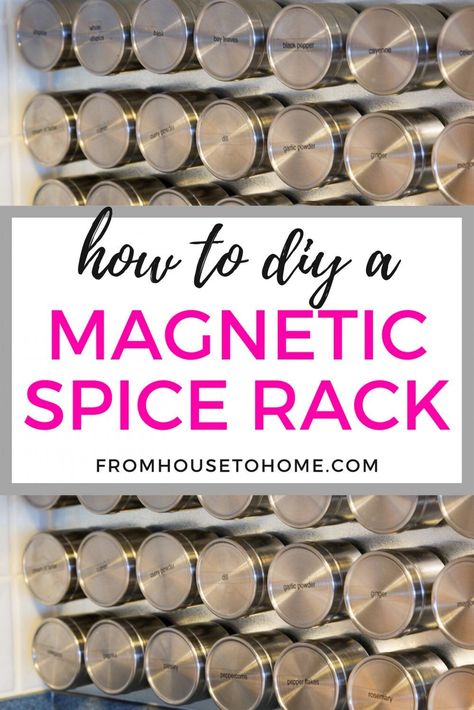 Want easy access to your spices when you're cooking?  Make our DIY Magnetic Spice Rack to hang them on the wall or cabinet door. #fromhousetohome   #kitchen #kitchenorganization #kitchenstorage Diy Kitchen Organization, Magnetic Spice Rack, Diy Spice Rack, Galvanized Sheet Metal, Spice Organizer, Sewing Room Storage, Diy Spices, Kitchen Mood Board, Magnetic Spice