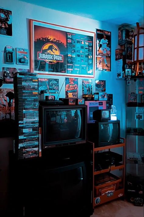 90s Nostalgia Aesthetic Room, 80s Gaming Room, 90s Gaming Room, Retro Game Bedroom, 90s Aesthetic Home, Retro Gaming Room Setup, Ps2 Setup, Crt Tv Setup, Crt Setup