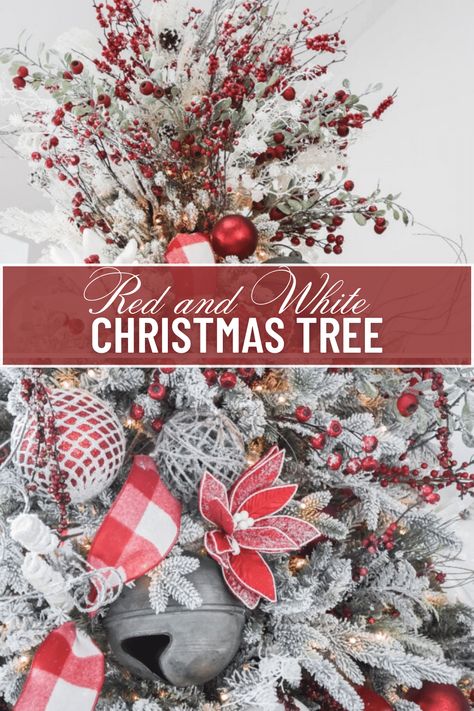 Classic red and white Christmas tree decorations are my go to for Christmas decorating. They are versatile and can be changed up easily. Red And White Plaid Christmas Decor, Red And Silver Flocked Christmas Tree, Red And White Christmas Tree Decorations, Red And Silver Christmas Decor, Christmas Tree In Red, Grey Christmas Tree, White Xmas Tree, Christmas Red And White, Red And White Christmas Tree