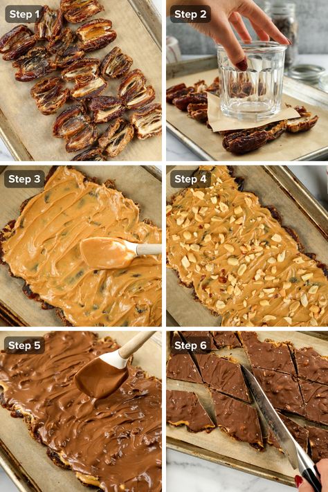 Easy 5-Ingredient Date Bark (No Bake Recipe) Chocolate Date Bark, Snickers Date Bark, Date Bark Recipe, Date Bark, Dates Recipes Healthy, Cycling Snacks, Date Fruit Recipes, Peanut Butter Chocolate Bark, Dates Peanut Butter