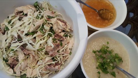 Cháo & Gỏi Gà Instant Pot (Vietnamese Chicken Porridge & Salad) – Katie's Test Kitchen Vietnamese Porridge, Shredded Chicken Salad, Chicken Congee, Chicken Porridge, Vietnamese Foods, Vietnamese Chicken, Chicken And Cabbage, Vietnamese Food, Vietnamese Recipes